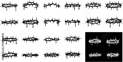 set of Crown of thorns icons set. Black silhouette of a crown made of thorns. Christian symbol.
