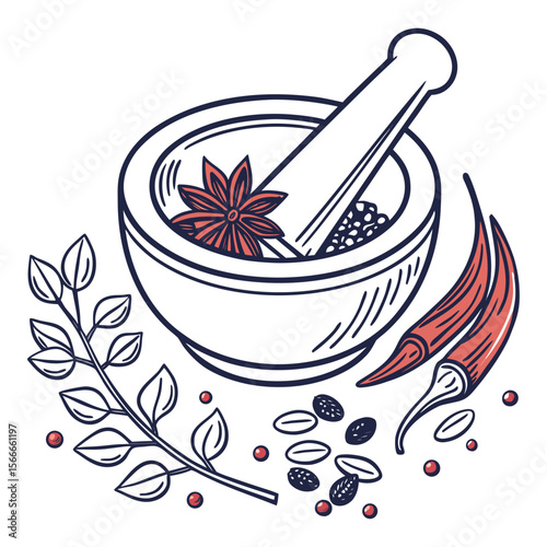 Illustration of a mortar and pestle with spices including star anise chili peppers and peppercorns on white
