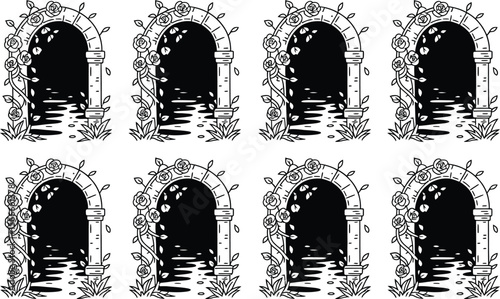 Black and White Rose Archway Seamless Pattern roses