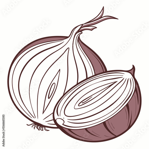 Illustration of a sliced red onion with a white background showing the bulb and a cut section of the vegetable