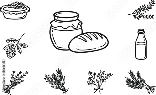 Black and White Line Drawings of Bread Jam Herbs and Berries