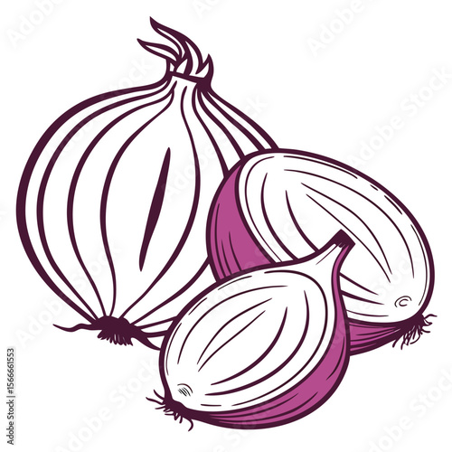 Illustration of whole and sliced onions with purple and white color scheme on a white background