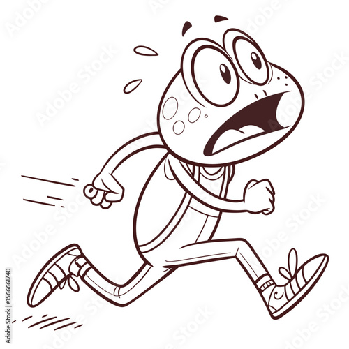 Scared cartoon frog character running with wide eyes and open mouth in a vector illustration