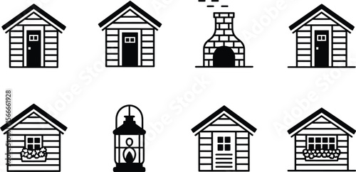 Black and White Cottage Sheds Fireplace Lantern Icons
