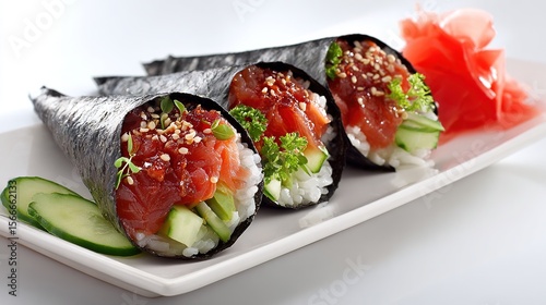 Fresh Sushi Hand Rolls with Tuna, Salmon, Cucumber, and Rice Wrapped in Nori