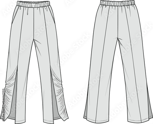 cad drawing flat vector illustration, women’s ruched slit pants technical sketch, relaxed fit trouser design, fashion apparel template, editable clothing