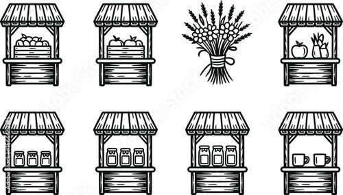Black and White Farm Market Stalls Fruit Vegetables Wheat Flowers Jars Cups