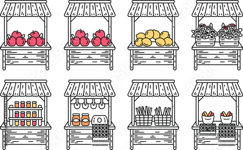 Eight Wooden Market Stalls Selling Apples Lemons Roses Jams Fries Snacks