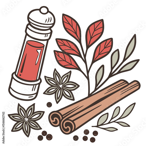 Vector illustration of spices including pepper grinder star anise cinnamon sticks leaves and peppercorns on white