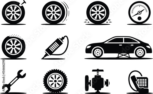 Black and White Car Tire Repair Icons Set vector 1