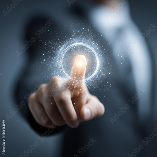 hand pushing button on a touch screen interface