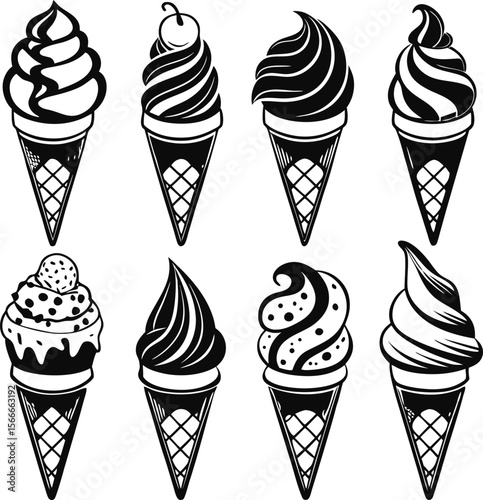 This collection of black and white images depicts various illustrations of ice cream cones, some with single scoops and others with multiple scoops and toppings