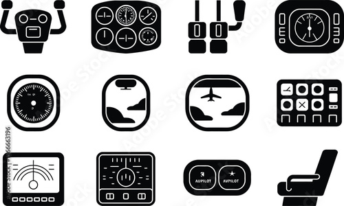 Airplane Cockpit Controls Icons Black and White Set