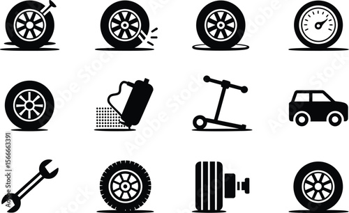 Black and White Car Tire Repair Icons Set Wrench Gauge