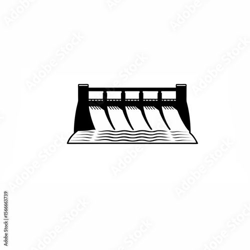 Silhouette of a dam with water flowing through turbines on white background