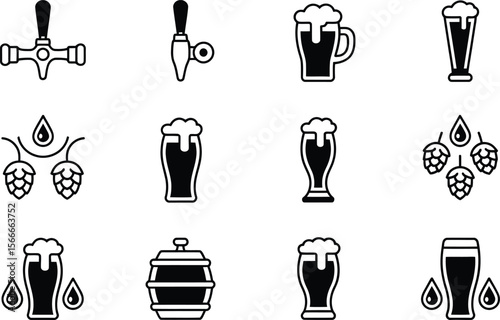Beer Brewing Icons Black White Set Hops Tap Glasses Barrel