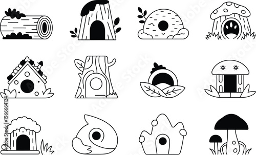 Twelve Black and White Cartoon Houses and Homes vector