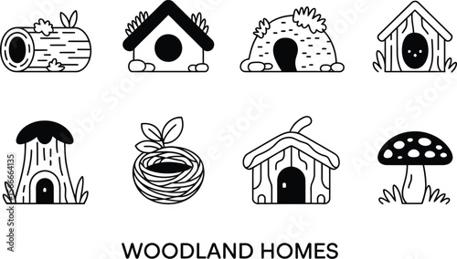 Eight Black and White Woodland Home Illustrations homes