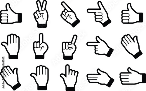 Black and White Hand Gestures Icons Set Various Hand Signals