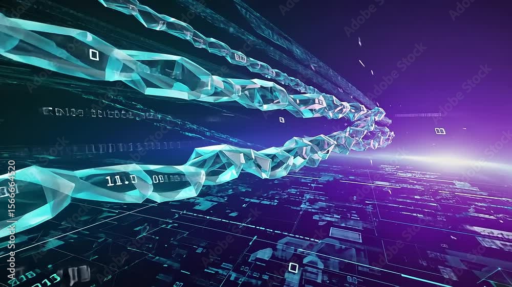 Stylized rendering of a blockchain with binary numbers over a digital landscape