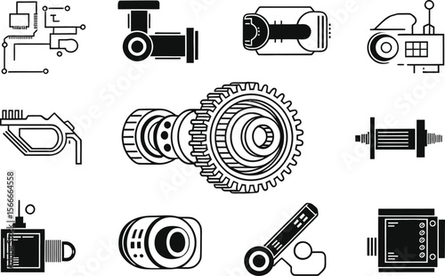 Black and White Mechanical Engineering Diagrams Gear System Components