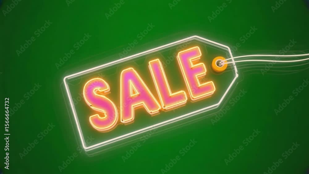 SALES TAG ON NEON STYLE IN GREEN BACKGROUND 