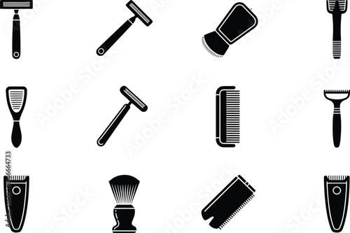 Black and White Men's Grooming Icons Shaving Razors Brush Comb