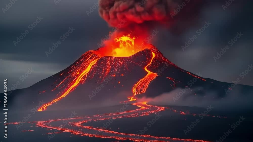Erupting Volcano with Lava Flowing Down the Mountain
