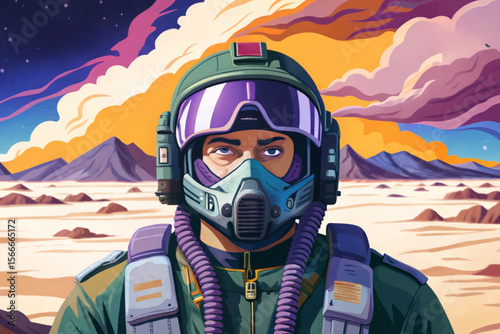 Fighter pilot in white isolated background ideal for conflict zone illustrations, military game assets, posters, and educational visuals