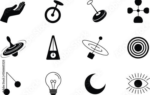 Black and White Icons Set Spinning Top Unicycle Hand Moon