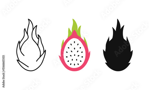 Minimalist dragon fruit icons: line art, colorful design, and silhouette styles