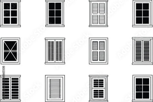 Twelve Black and White Window Designs Illustrations