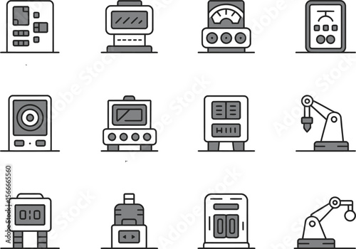 Twelve Gray and White Line Art Industrial Machine Icons