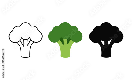 Minimalist broccoli icons: outline, green, and black silhouette designs