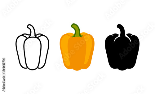 Colorful bell pepper evolution: outline, full color, silhouette design