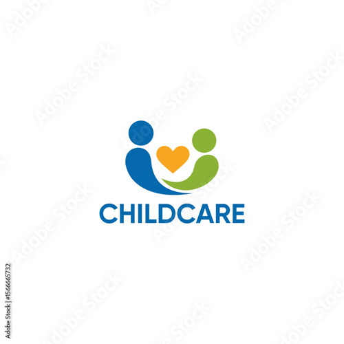 Childcare logo design featuring figures in blue and green holding a heart