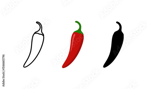 Minimalistic chili pepper design: outline, colored, and silhouette variations