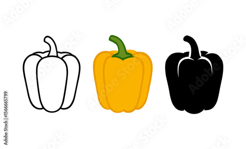 Colorful bell pepper illustrations: outline, vibrant, and silhouette versions