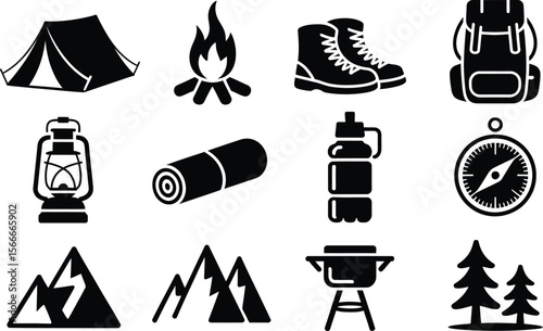 Black Camping Icons Set Tent Boots Backpack Fire Lantern