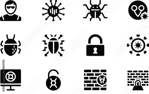 Black Glyph Icons Set Cybersecurity Hacker Virus Firewall