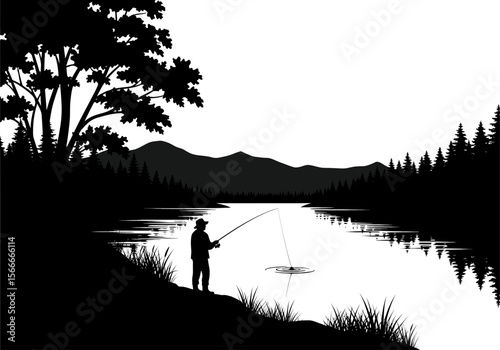 A lone angler, silhouetted against a mountain landscape, peacefully casts a line into a tranquil river. Vector Illustration