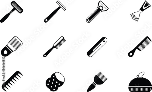 Black and White Grooming Tools Icons Set Razor Comb Brush