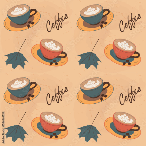 Seamless pattern in retro style with coffee pot. Vector image of coffee pot and autumn leaves

