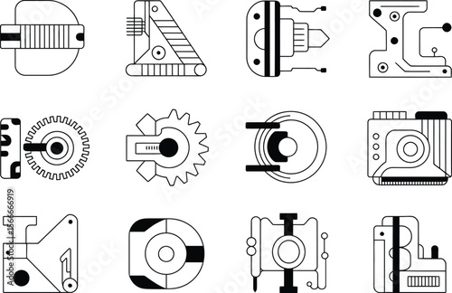 Twelve Black and White Geometric Mechanical Designs