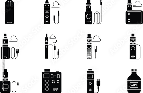 Twelve Black and White Vape Device Icons with Chargers