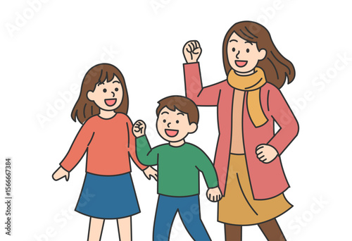 Family Celebrating Spring Season (Mother and Two Children)Cherry Blossom Park Background in Spring

