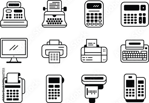 Black and White Office Equipment Icons Set Cash Register Typewriter Calculator Printer Computer
