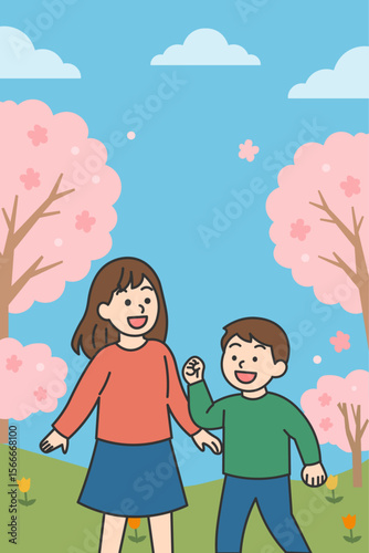 Family Celebrating Spring Season (Mother and Two Children)Cherry Blossom Park Background in Spring

