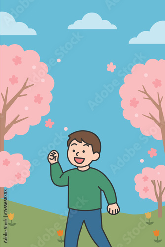 Family Celebrating Spring Season (Mother and Two Children)Cherry Blossom Park Background in Spring

