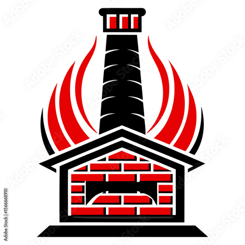 Stylized chimney with flames and brick house silhouette